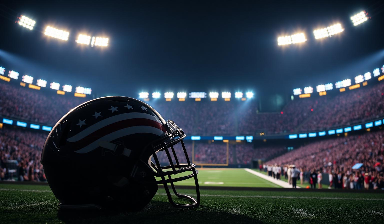 NFL stadium at night with helmet on the field